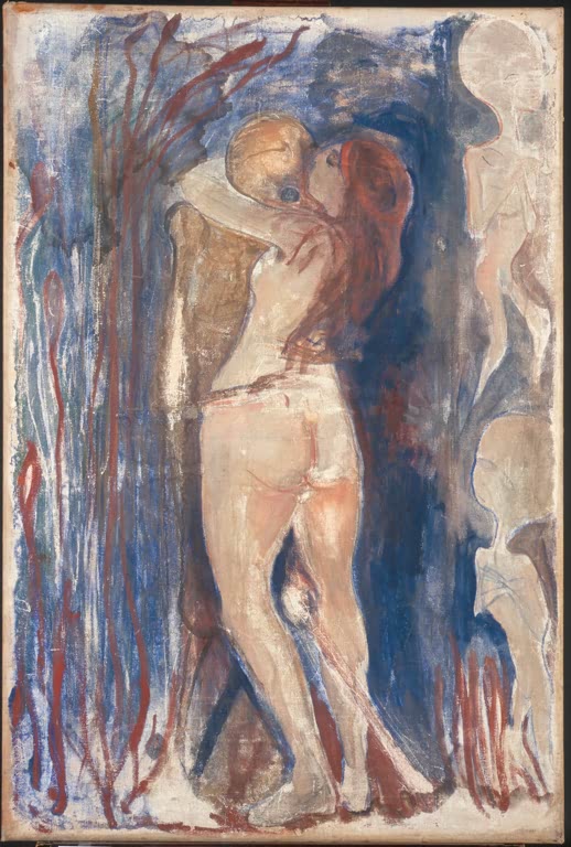 Umschlungenes nacktes Paar in blauen und roten Farbschleiern – Edvard Munch Tod und Leben Kunstkopie