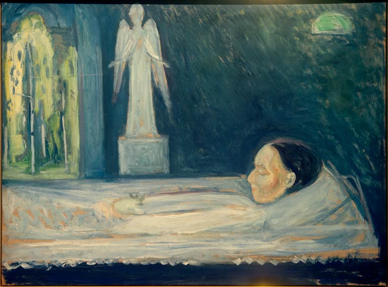 Frau liegt im Bett, dahinter eine Engelsfigur auf einem Sockel in grünlichem Licht – Edvard Munch Todesengel Kunstkopie