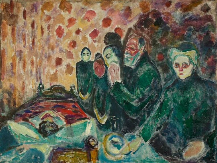 Edvard Munch Todeskampf Kunstkopie, trauernde Angehörige am Sterbebett in leuchtendem Rot und Grün