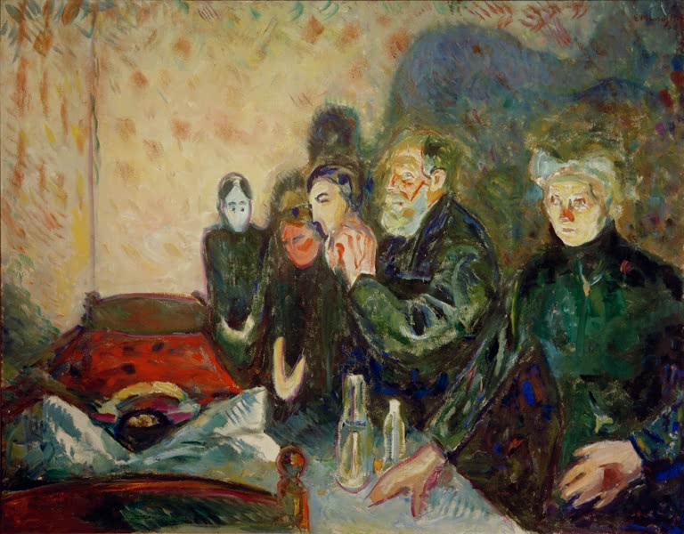 Trauernde Familie um ein Sterbebett in einem Raum mit gemusterter Tapete – Edvard Munch Todeskampf Kunstkopie