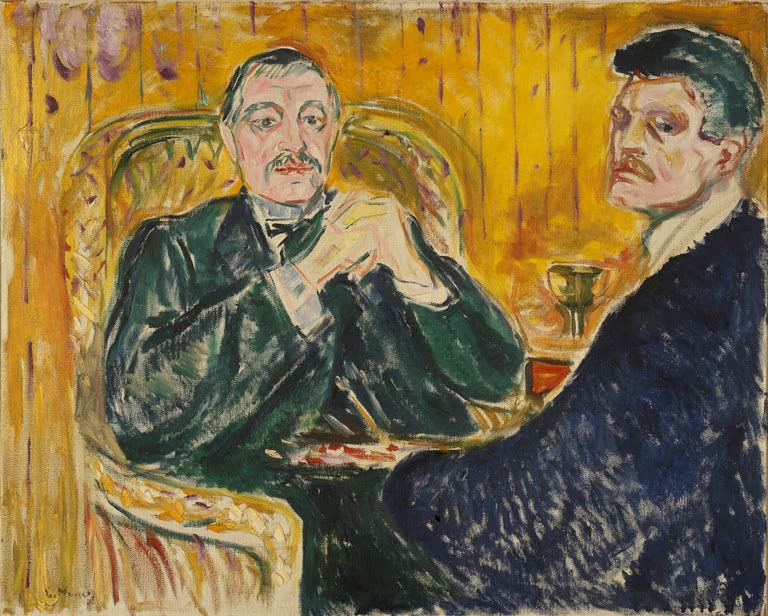 Zwei Männer vor goldgelber Wand, einer im Korbstuhl – Edvard Munch Torvald Stang und Edvard Munch Kunstkopie