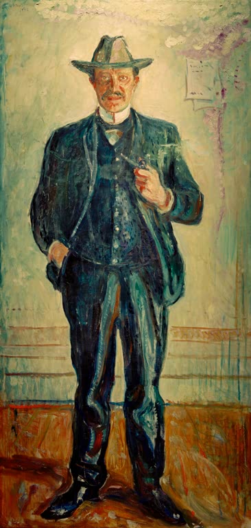 Stehender Mann mit Hut im dunklen Anzug vor heller Wand – Edvard Munch Torwald Stang Kunstkopie