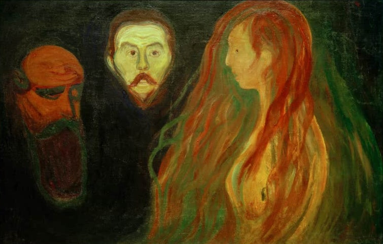 Drei Köpfe auf dunklem Grund: bärtiger Mann, Mann mit Schnurrbart, Frau mit rotem Haar – Edvard Munch Tragödie Kunstkopie