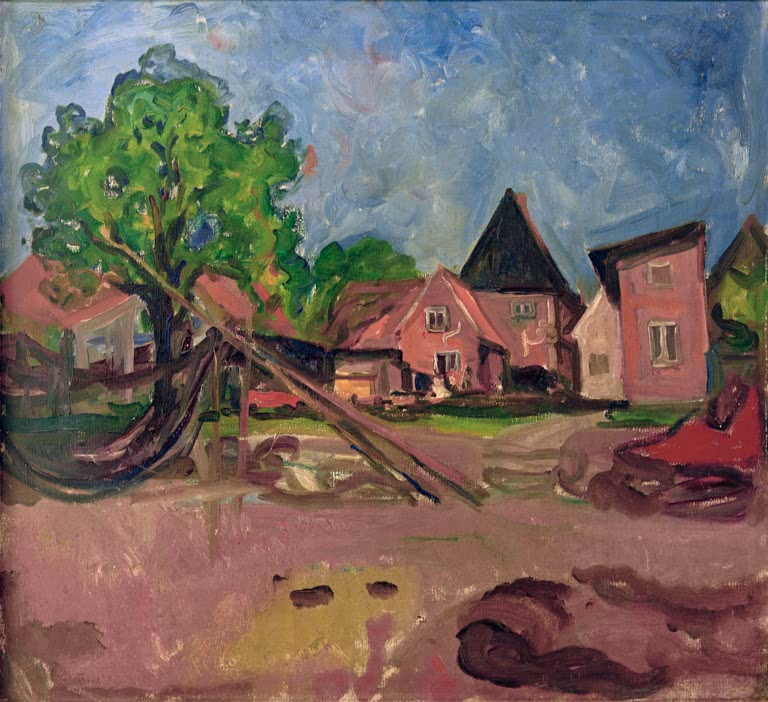 Dorfplatz mit rosa Häusern und großem Baum unter blauem Himmel – Edvard Munch Travemünde Kunstkopie