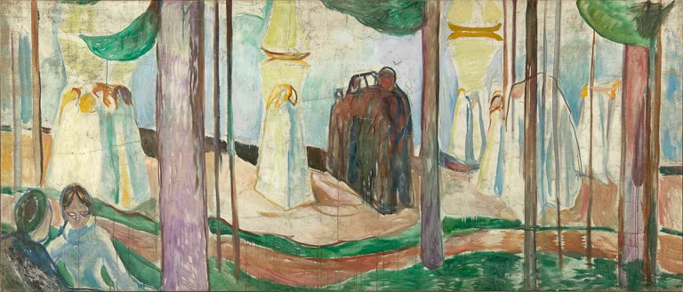 Menschen in hellen Gewändern zwischen Baumstämmen am Strand – Edvard Munch Treffen am Strand Kunstkopie