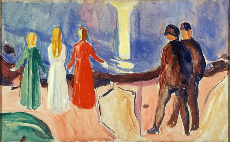 Drei Frauen in Grün, Weiß und Rot und zwei Männer am Strand bei Mondlicht – Edvard Munch Treffen am Strand Kunstkopie