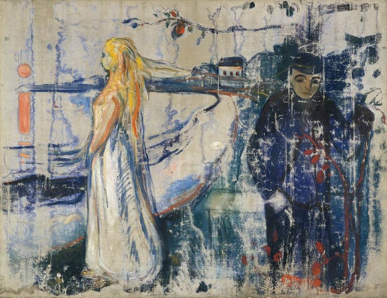 Edvard Munch Trennung Kunstkopie, blonde Frau im weißen Kleid und dunkel gekleideter Mann vor blauem Grund