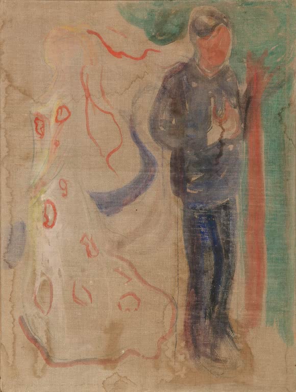 Mann in dunkler Kleidung steht an einem Baum neben einer zarten Frauengestalt – Edvard Munch Trennung Kunstkopie