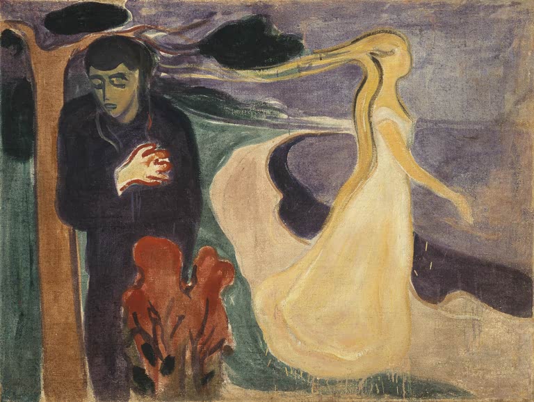 Mann mit Hand auf der Brust unter einem Baum, daneben fließt eine Frau im gelben Kleid – Edvard Munch Trennung Kunstkopie