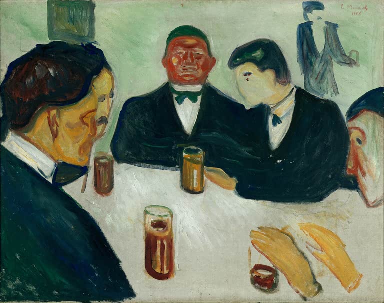 Vier Männer sitzen mit Biergläsern an einem weiß gedeckten Tisch – Edvard Munch Trinker Kunstkopie