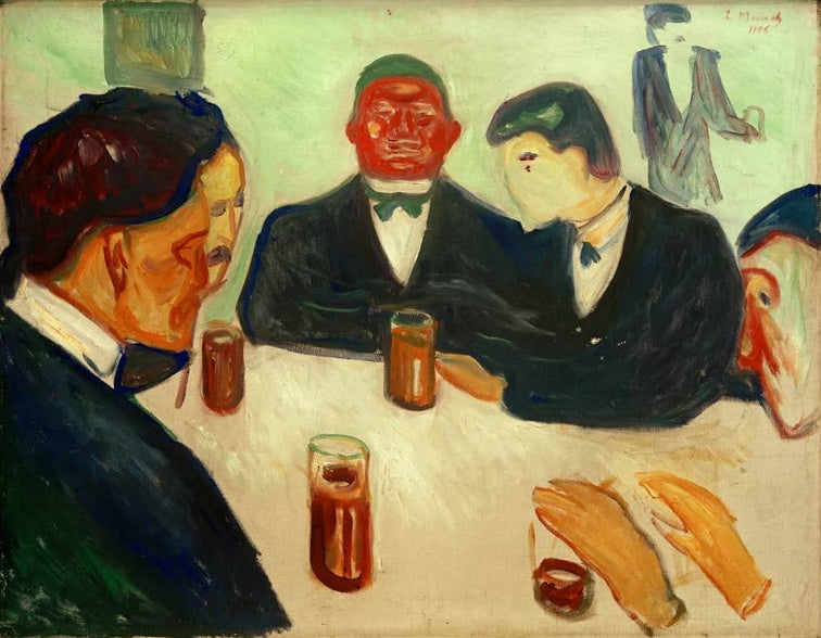 Männer sitzen mit Biergläsern um einen hellen Tisch, hinten steht eine Gestalt – Edvard Munch Trinkgesellschaft Kunstkopie