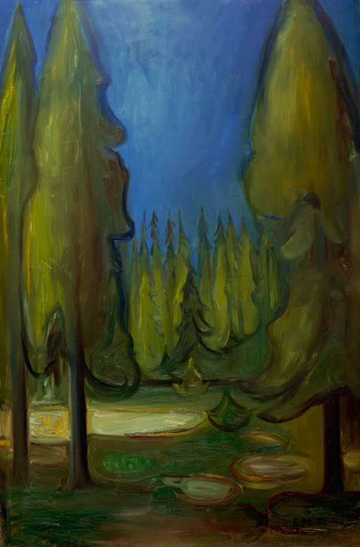 Hohe dunkelgrüne Tannen vor blauem Himmel in verzaubertem Wald – Edvard Munch Trollbäume im Märchenwald Kunstkopie