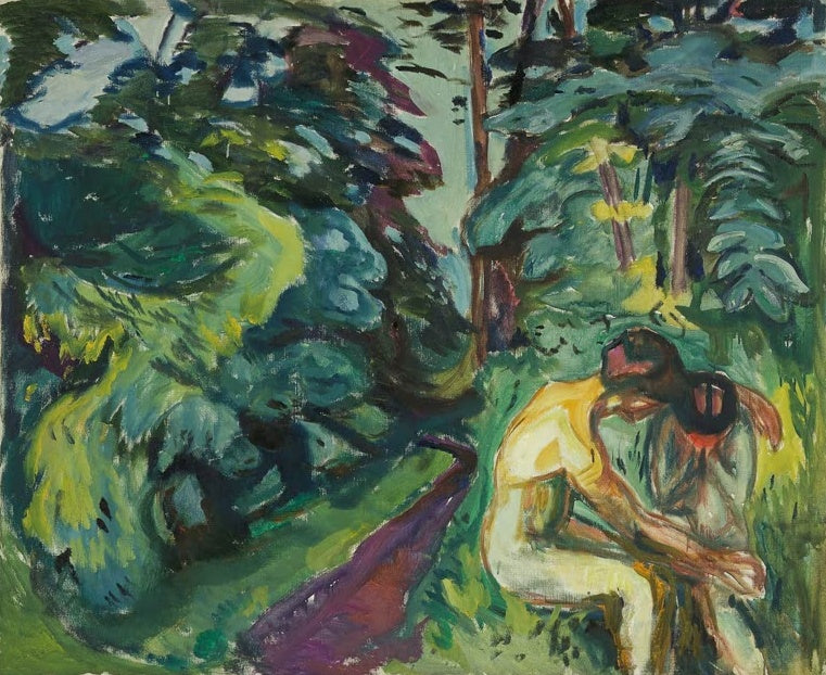 Edvard Munch Trost im Wald Kunstkopie, zwei Figuren sitzen eng beieinander in einem dichten grünen Wald mit violettem Pfad
