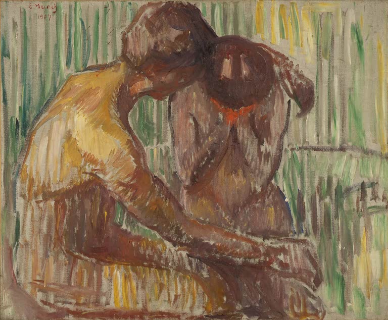 Zwei Figuren in Braun und Gelb umarmen sich vor senkrecht gestreiftem Grund – Edvard Munch Trost Kunstkopie