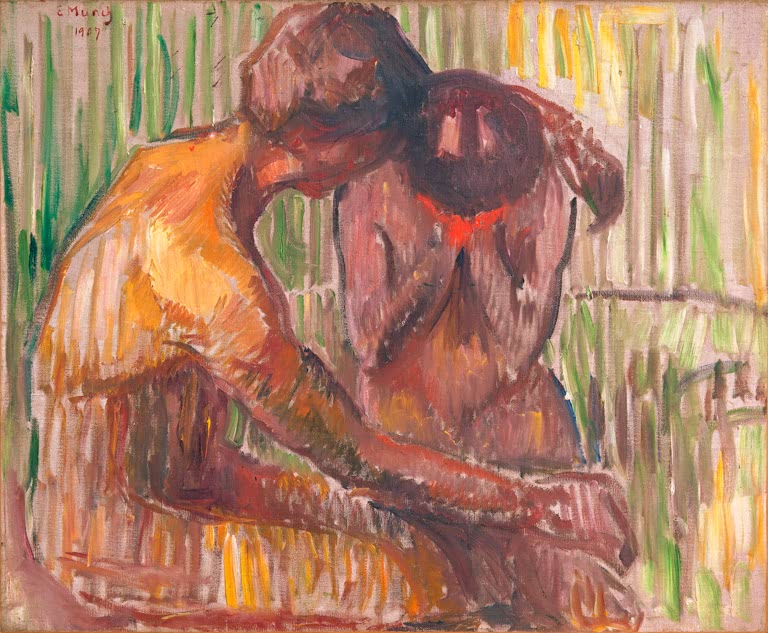 Zwei umarmte Gestalten in Orange und Rot lehnen sich im Schilf aneinander – Edvard Munch Trost Kunstkopie