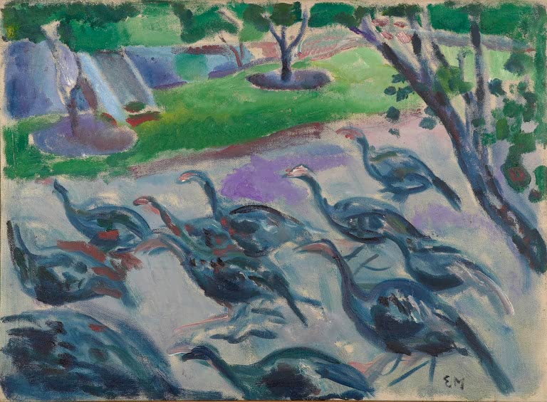 Dunkelblaue Truthähne ziehen durch einen Garten mit grüner Wiese – Edvard Munch Truthähne Kunstkopie