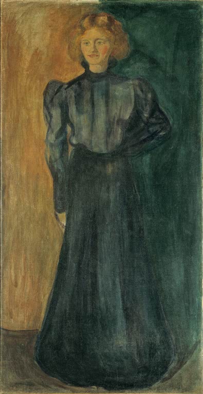 Frau im langen dunkelgrünen Kleid vor goldbraunem Hintergrund – Edvard Munch Tulla Larsen Kunstkopie