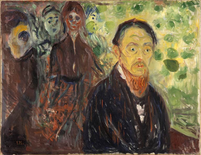 Bärtiger Mann mit weit geöffneten Augen, hinter ihm geisterhafte Gesichter im Grünen – Edvard Munch Überrascht Kunstkopie