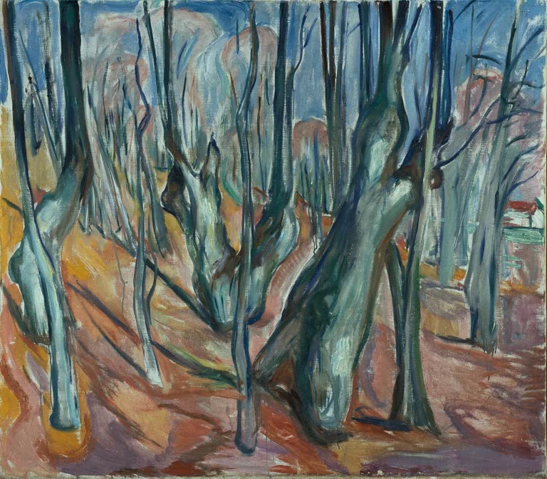 Kahle blaugrüne Ulmenstämme in einem Frühlingswald – Edvard Munch Ulmenwald im Frühling Kunstkopie