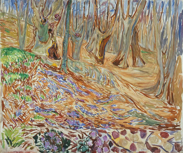 Lichter Ulmenwald mit Laubteppich und blühenden Frühlingsblumen am Boden – Edvard Munch Ulmenwald im Frühling Kunstkopie