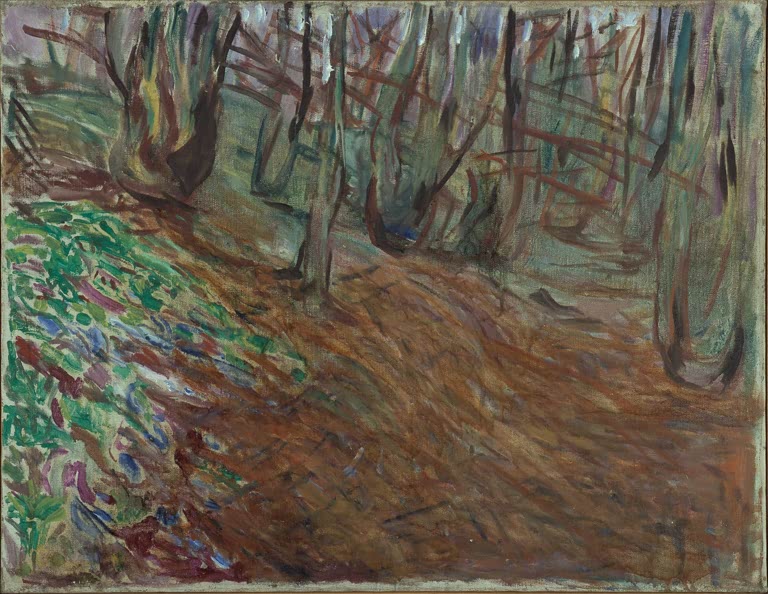 Lichter Wald mit schlanken Stämmen über braunem Laubboden und grünen Flecken – Edvard Munch Ulmenwald im Frühling Kunstkopie