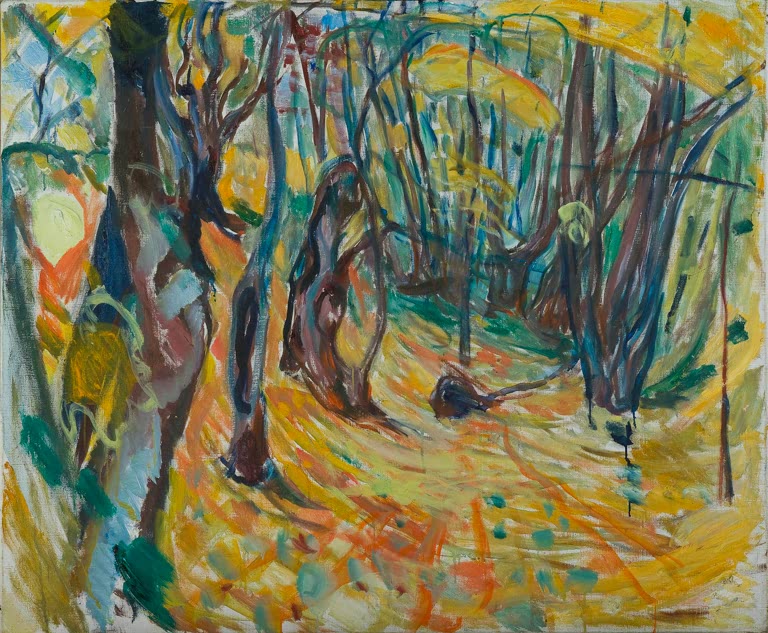 Herbstwald mit gelbem Laub, farbigen Stämmen und einer Gestalt am Boden – Edvard Munch Ulmenwald im Herbst Kunstkopie