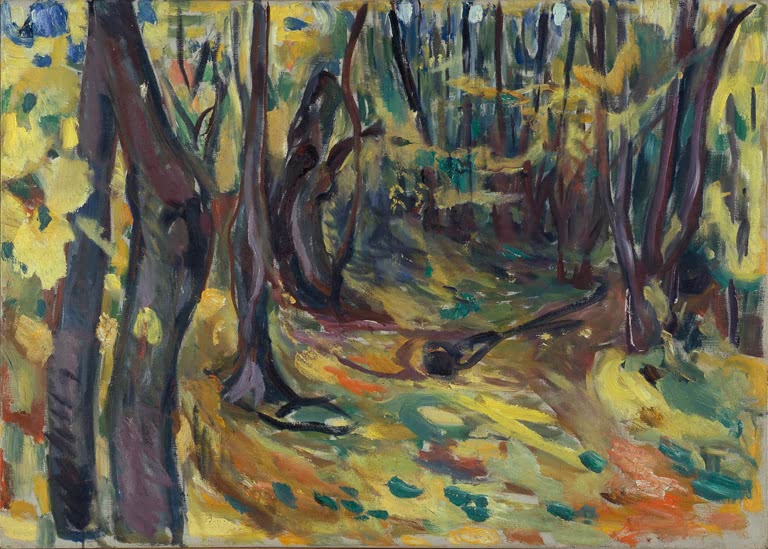 Herbstlicher Wald mit dunklen Stämmen, gelbem Laub und buntem Boden – Edvard Munch Ulmenwald im Herbst Kunstkopie