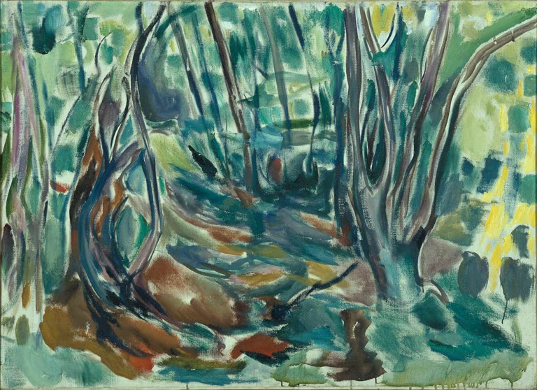Verschlungene Baumstämme in einem hellgrünen Wald mit gesprenkeltem Licht – Edvard Munch Ulmenwald im Sommer Kunstkopie