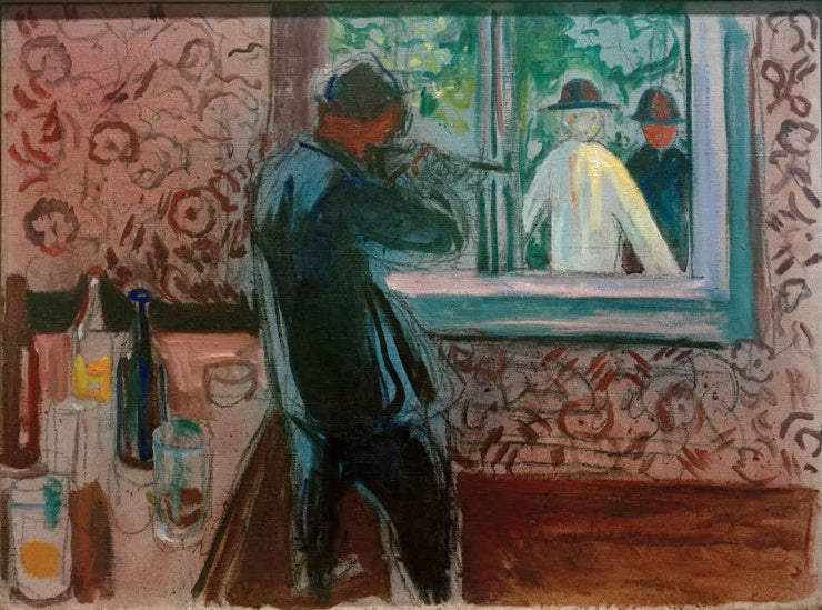 Mann in dunklem Mantel schaut durch ein Fenster auf zwei Gestalten – Edvard Munch Unerwünschte Gäste Kunstkopie
