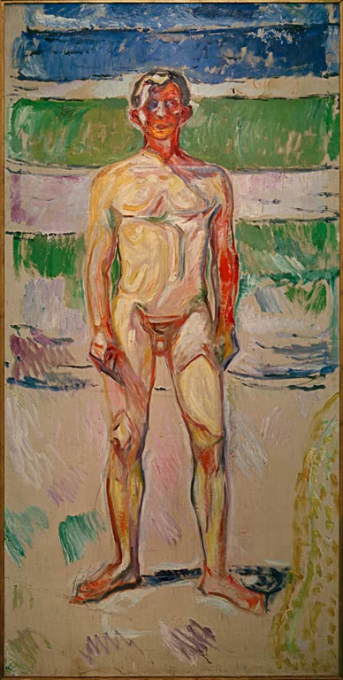 Nackter junger Mann steht frontal vor Strand und Meer – Edvard Munch Ungdom Kunstkopie