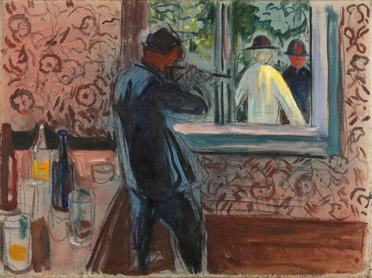 Mann in blauer Jacke trinkt vor einem Spiegel, in dem zwei Gestalten erscheinen – Edvard Munch Ungebetene Gäste Kunstkopie