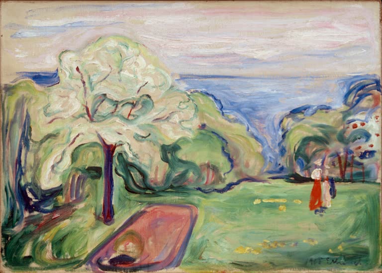Blühender Obstbaum im Garten mit einer kleinen Gestalt am Meer – Edvard Munch Unionsauflösung (Frühjahr) Kunstkopie
