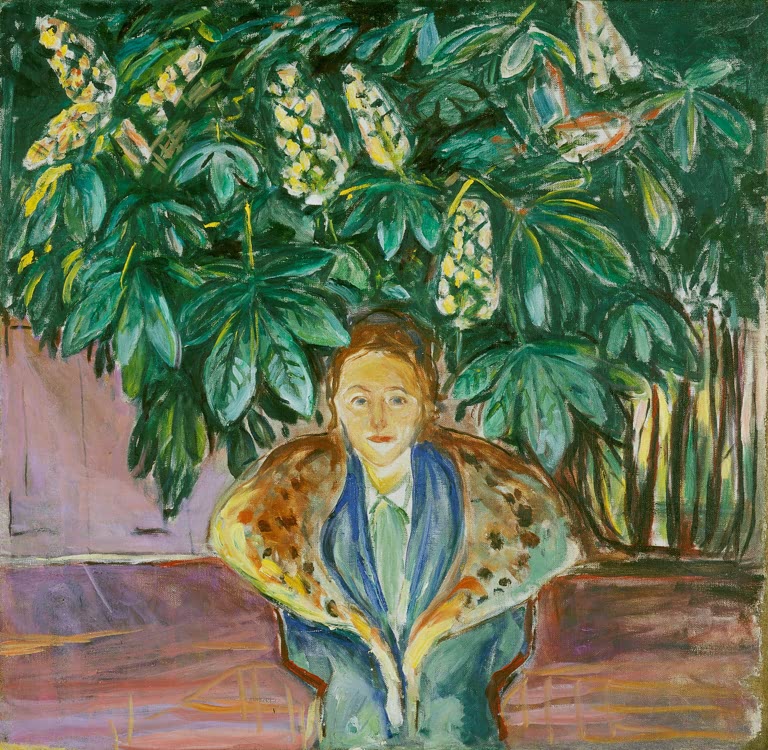 Frau im Pelzkragen sitzt unter einem Kastanienbaum mit hellen Blütenkerzen – Edvard Munch Unter dem Kastanienbaum Kunstkopie