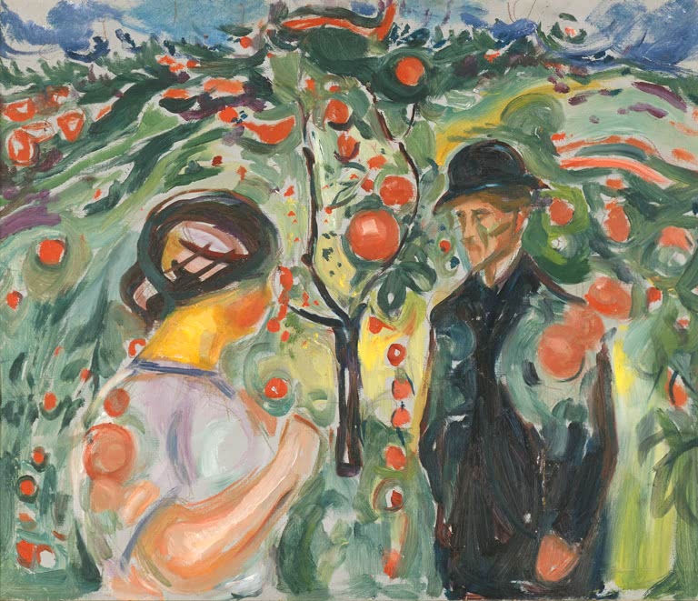Frau und Mann mit schwarzem Hut zwischen einem Apfelbaum voller roter Äpfel – Edvard Munch Unter den roten Äpfeln Kunstkopie