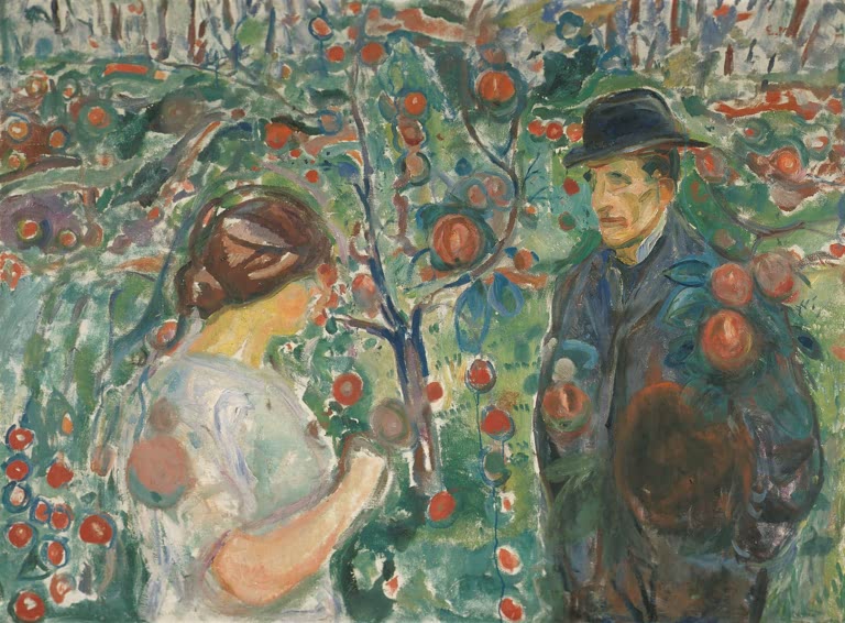 Junge Frau und Mann mit Hut zwischen Apfelbäumen voller roter Äpfel – Edvard Munch Unter den roten Äpfeln Kunstkopie