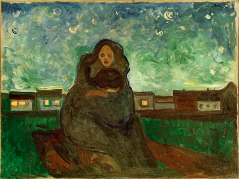 Eingehüllte Frau sitzt im Freien vor Häusern unter einem Sternenhimmel – Edvard Munch Unter den Sternen Kunstkopie