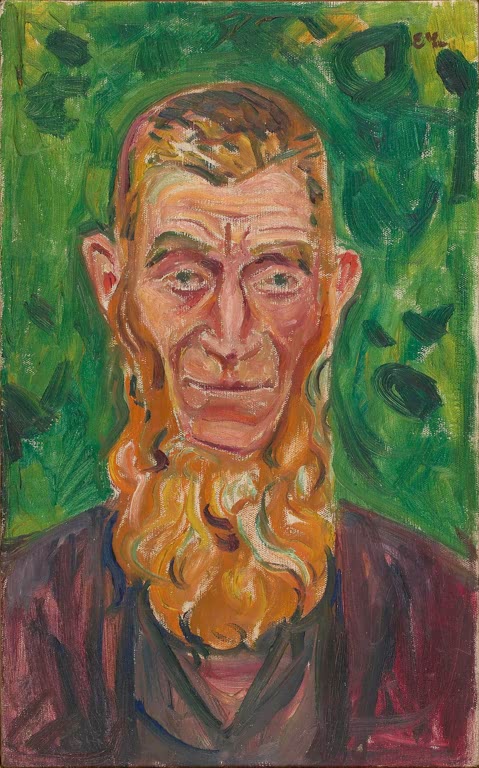 Porträt eines alten Mannes mit rotem Bart vor grünem Blattwerk – Edvard Munch Urmensch Kunstkopie