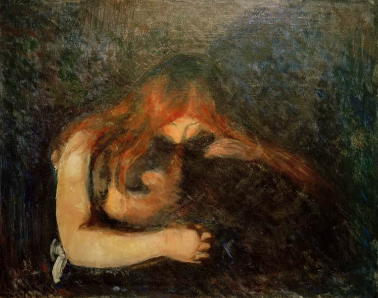 Edvard Munch Vampir Kunstkopie, Frau mit rotem Haar umarmt gebeugten Mann vor dunklem Hintergrund