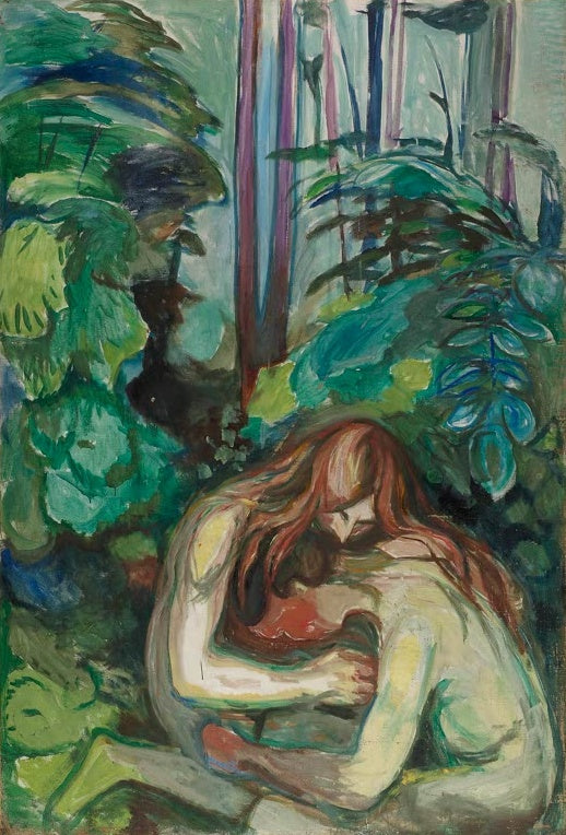 Edvard Munch Vampir im Wald Kunstkopie, umschlungenes Paar mit rotem Haar vor dichtem grünem Blattwerk
