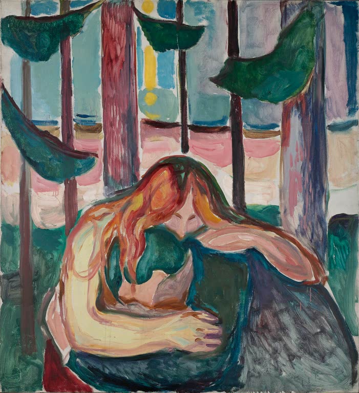 Rothaarige Frau beugt sich im Wald über einen Mann – Edvard Munch Vampir im Wald Kunstkopie