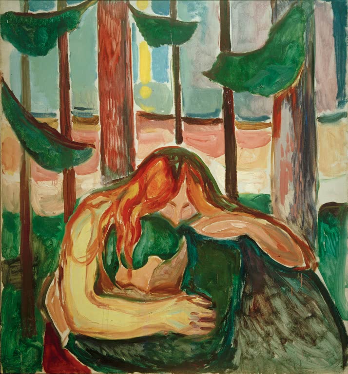 Rothaarige Frau beugt sich über eine Gestalt zwischen Kiefernstämmen – Edvard Munch Vampir im Wald Kunstkopie