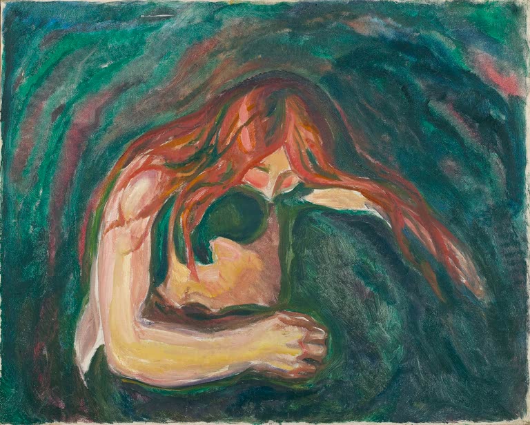 Rothaarige Frau beugt sich über einen Mann in grünlich dunklem Raum – Edvard Munch Vampir Kunstkopie