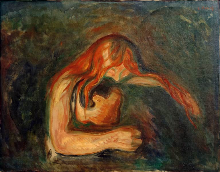 Frau beugt sich mit rotem Haar über einen Mann und küsst seinen Hals – Edvard Munch Vampir Kunstkopie