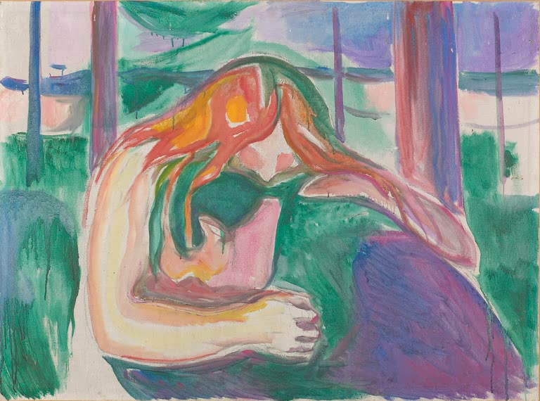 Rothaarige Frau beugt sich vornüber, den Kopf in die Arme gestützt, vor Bäumen – Edvard Munch Vampir Kunstkopie