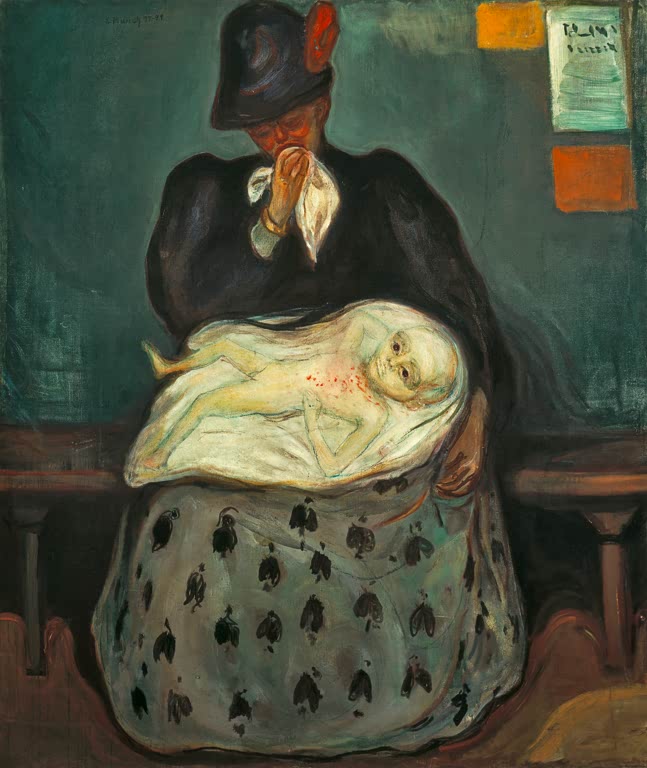 Frau mit schwarzem Hut hält ein totes Kind auf dem Schoß und verbirgt ihr Gesicht im Tuch – Edvard Munch Vererbung Kunstkopie
