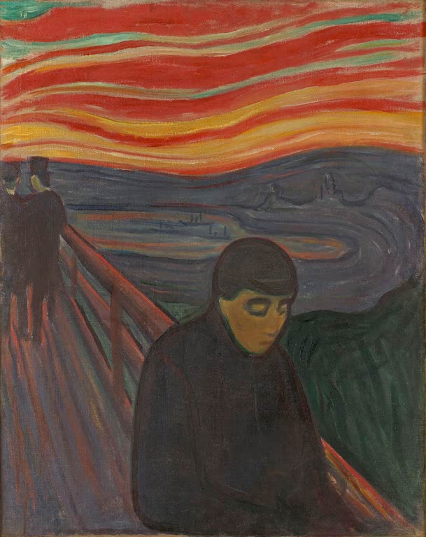 Gesenkter Kopf einer dunklen Gestalt auf einer Brücke vor glutrotem Himmel und Fjord – Edvard Munch Verzweiflung Kunstkopie