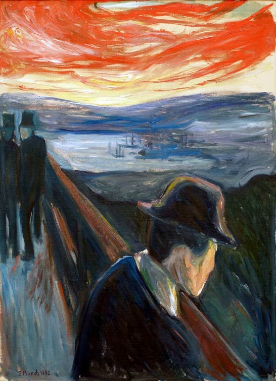 Mann mit Hut am Geländer vor rotem Abendhimmel und Fjord – Edvard Munch Verzweiflung Kunstkopie