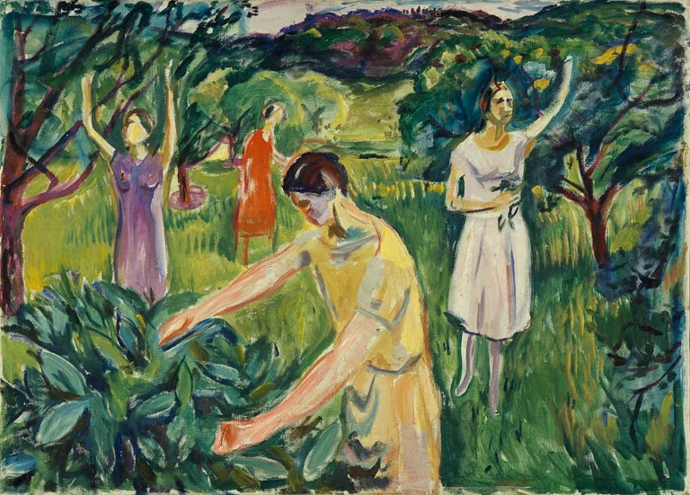 Vier Frauen in hellen und bunten Kleidern pflücken im sommerlichen Obstgarten – Edvard Munch Vier Frauen im Garten Kunstkopie