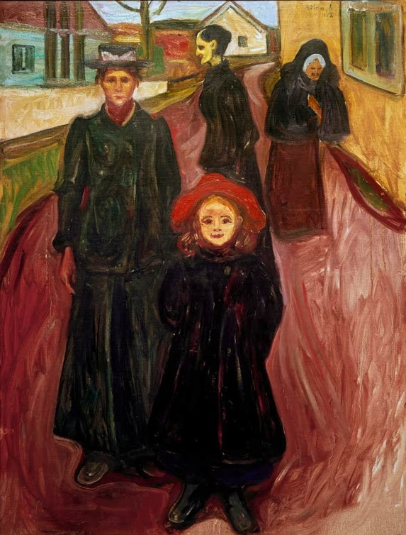 Frau mit Kind in rotem Hut und dunkle Gestalten auf rotem Weg vor Häusern – Edvard Munch Vier Lebensalter Kunstkopie