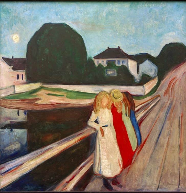 Drei Mädchen auf einem Steg vor weißem Haus und Baum – Edvard Munch Vier Mädchen auf der Brücke Kunstkopie